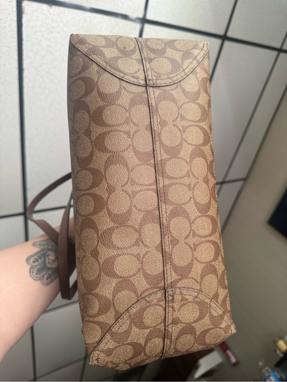 Coach Beige Signature Canvas Tote with Brown Leather Trim - Picture 3 of 5